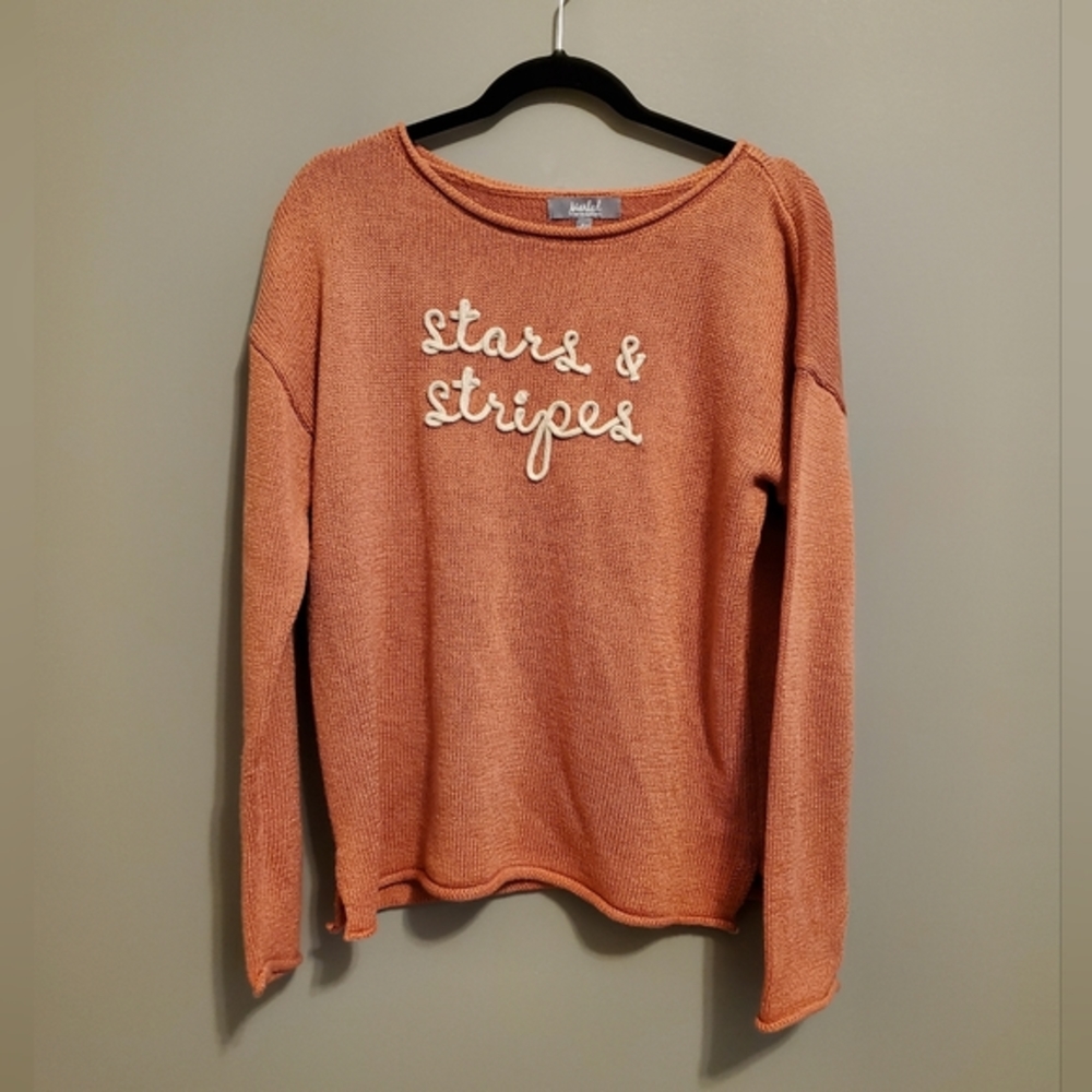 Marled Women's Stars & Stripes Long Sleeve Knit Sweater in Coral Pink Size M